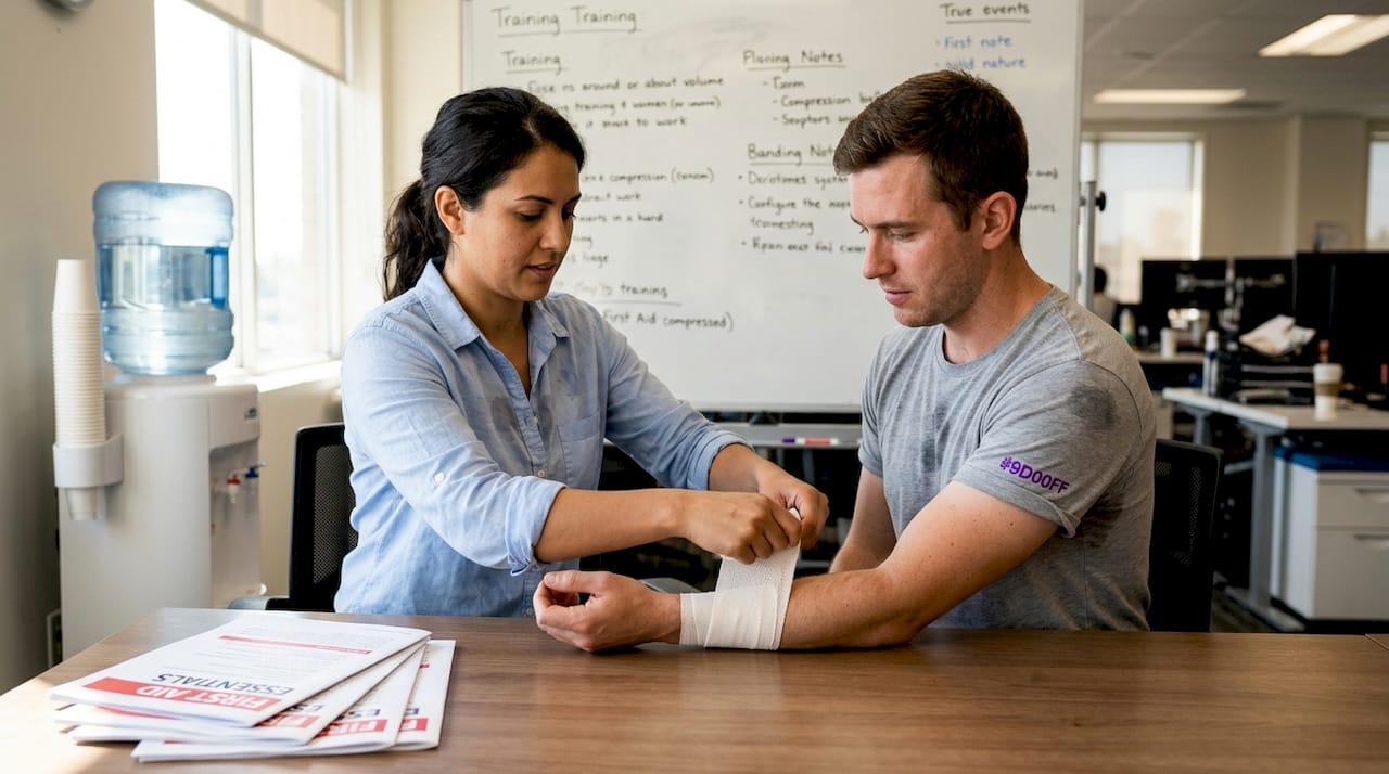 Employees practice first aid at workplace table