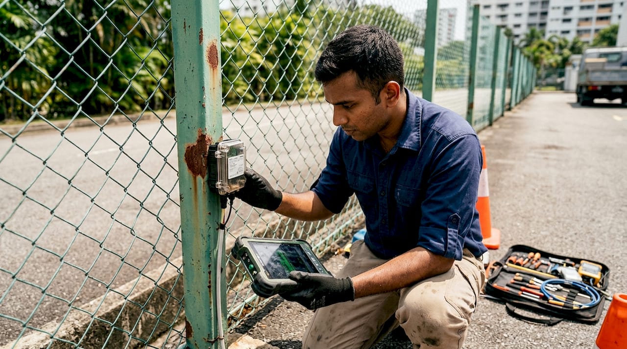 Technician testing fiber optic sensor outdoors