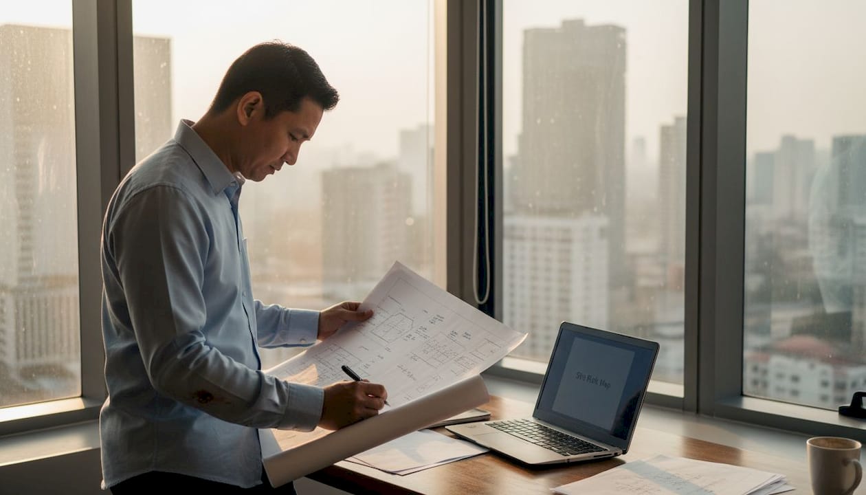 Security consultant reviewing facility blueprint