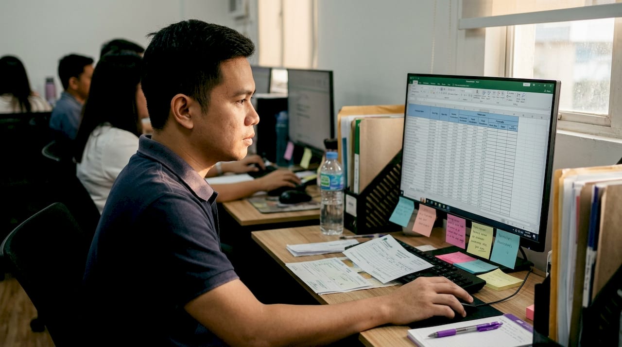 HR manager working on health payroll spreadsheet