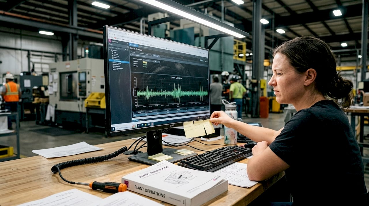 Engineer monitoring sensor data at factory desk