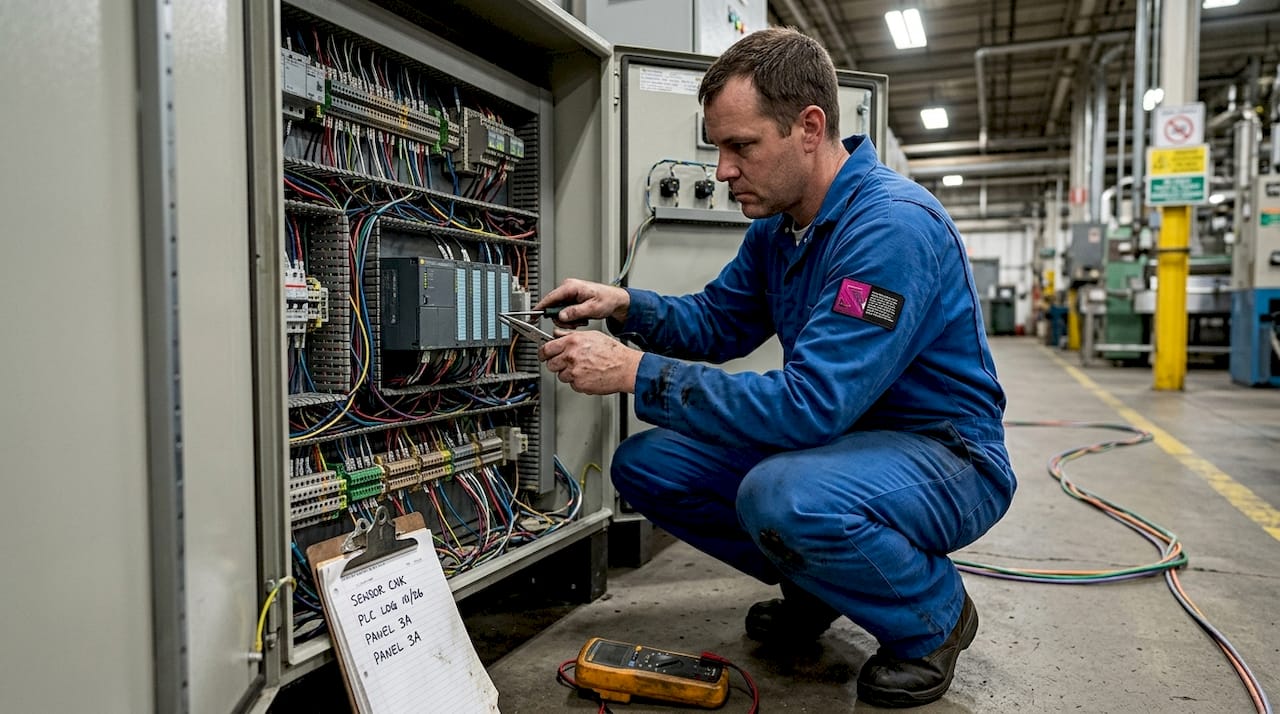 Technician checking sensors in industrial control panel