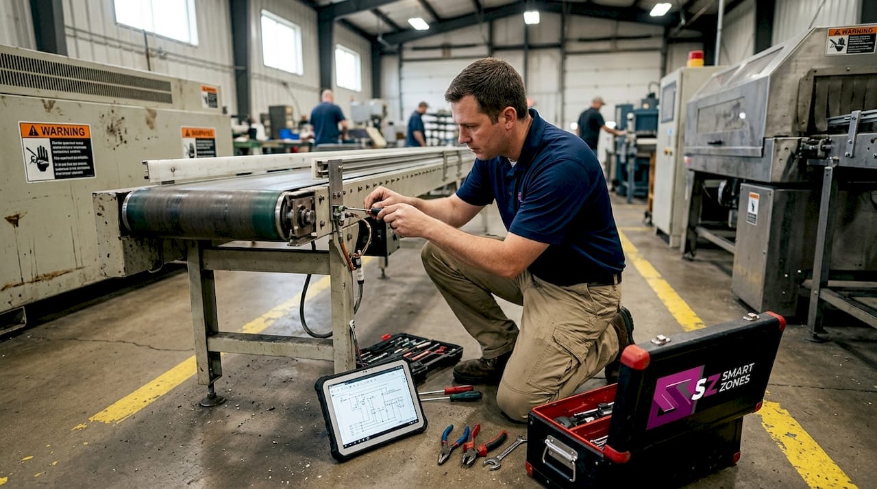 Engineer installing sensor on factory equipment
