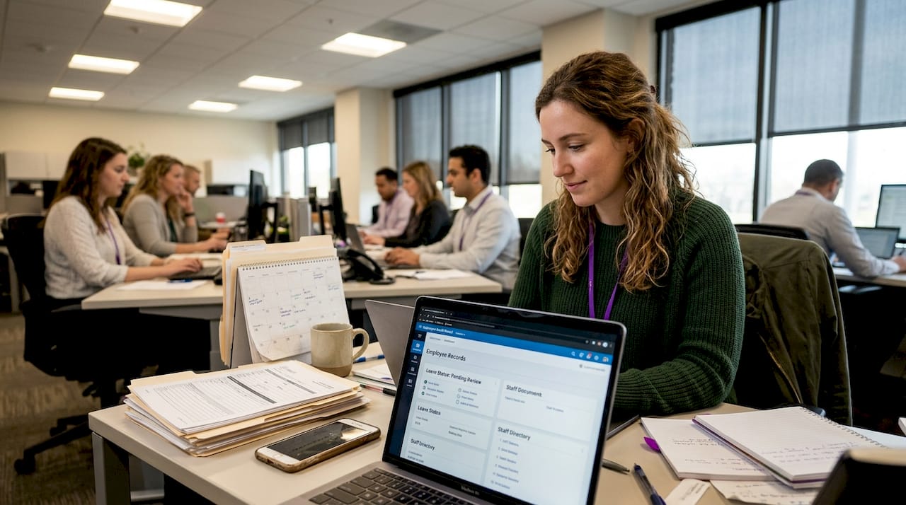 HR associate checks digital health records