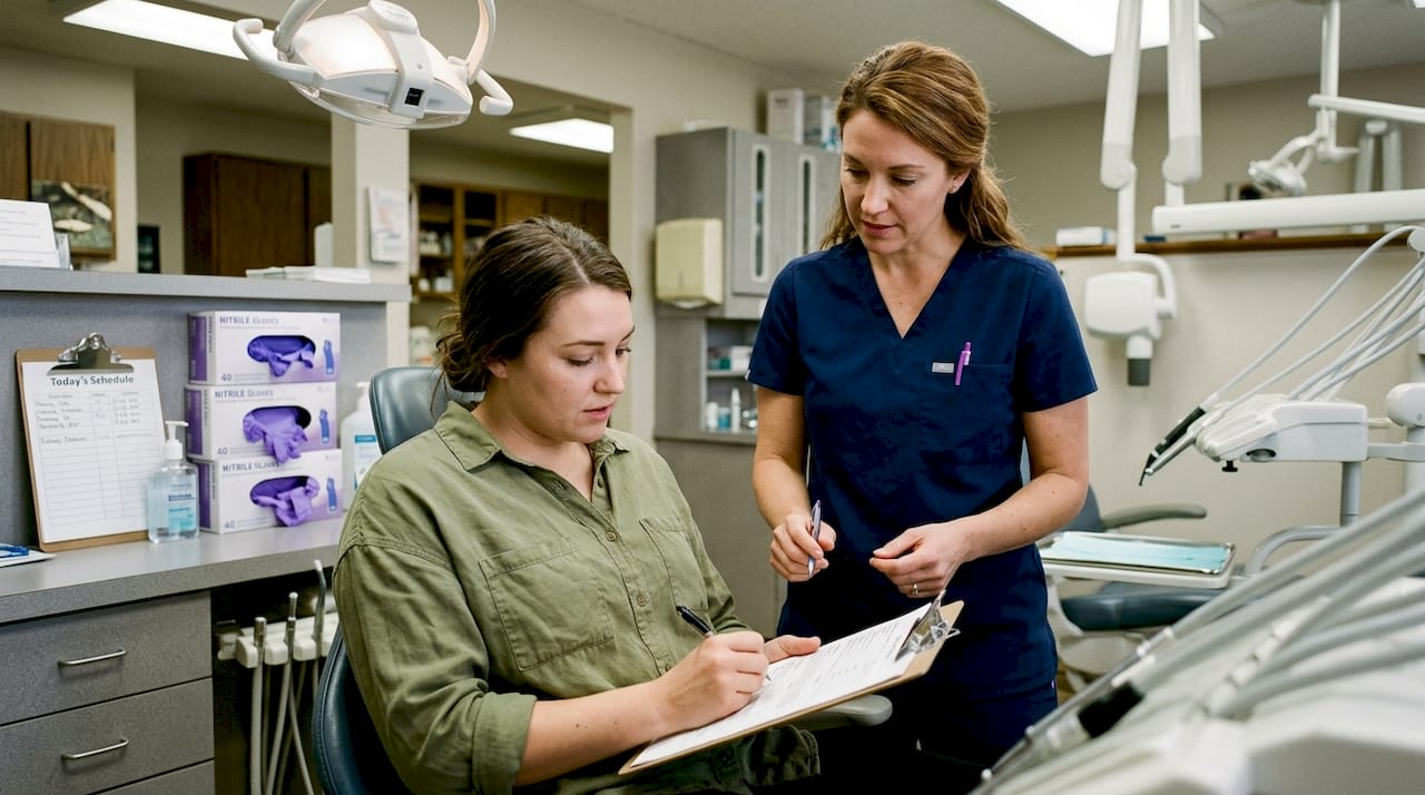 Dentist prepares patient for routine checkup