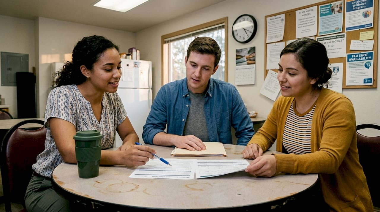 Employees discuss health benefit documents