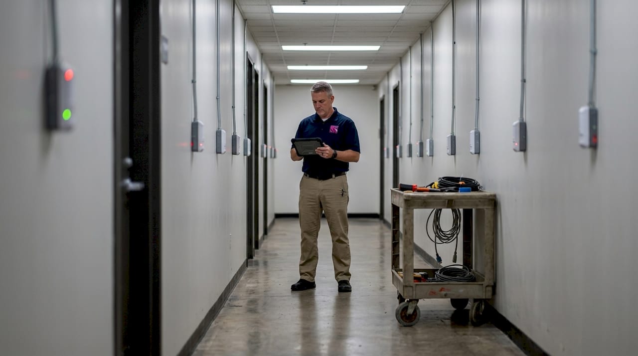Security manager checks corridor sensors in facility