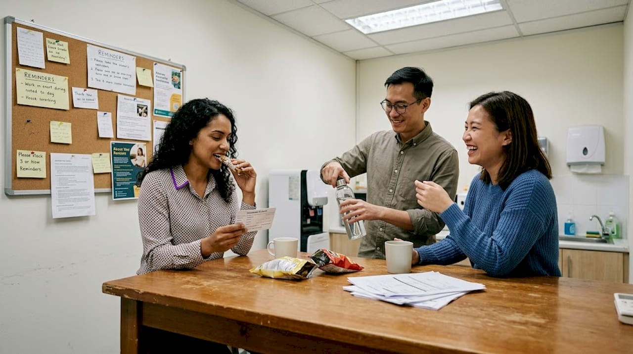 Employees chatting in staff break room with insurance card