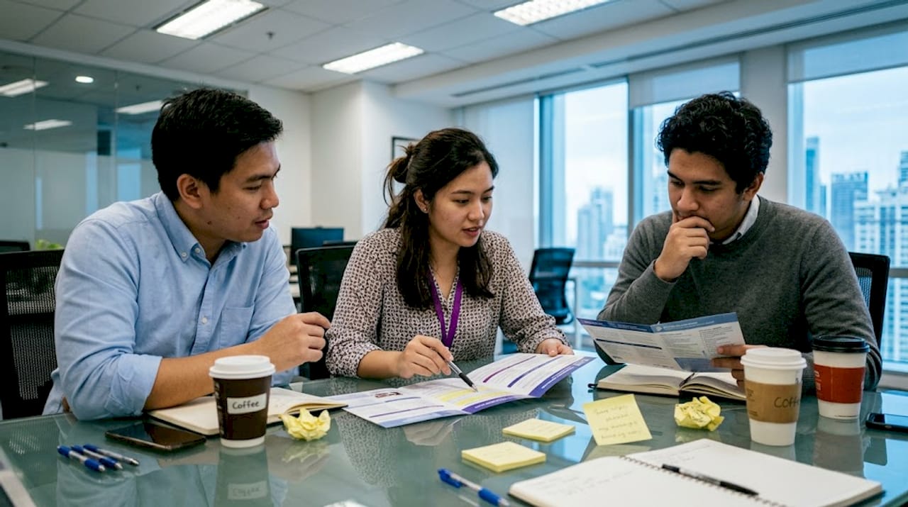 SME team reviewing HMO plan brochures together