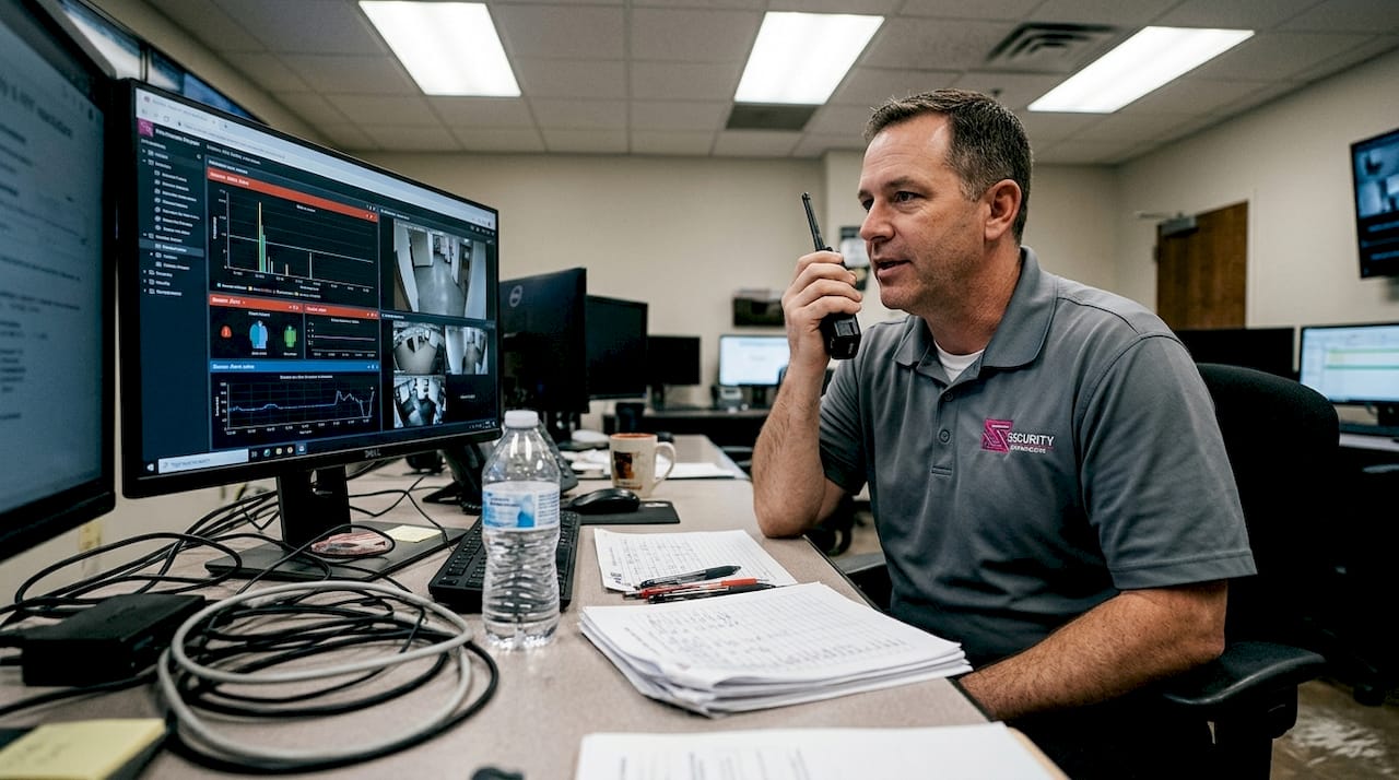 Security manager reviews sensor alerts in control room