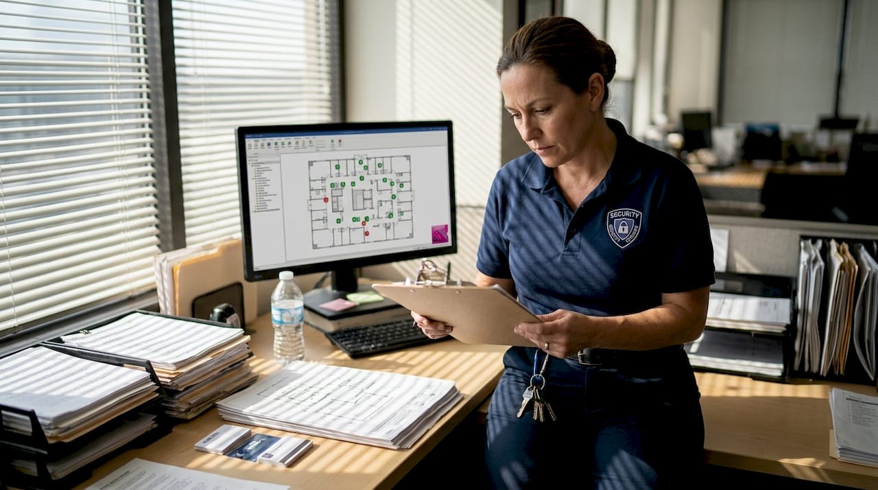 Facility manager reviewing security checklist