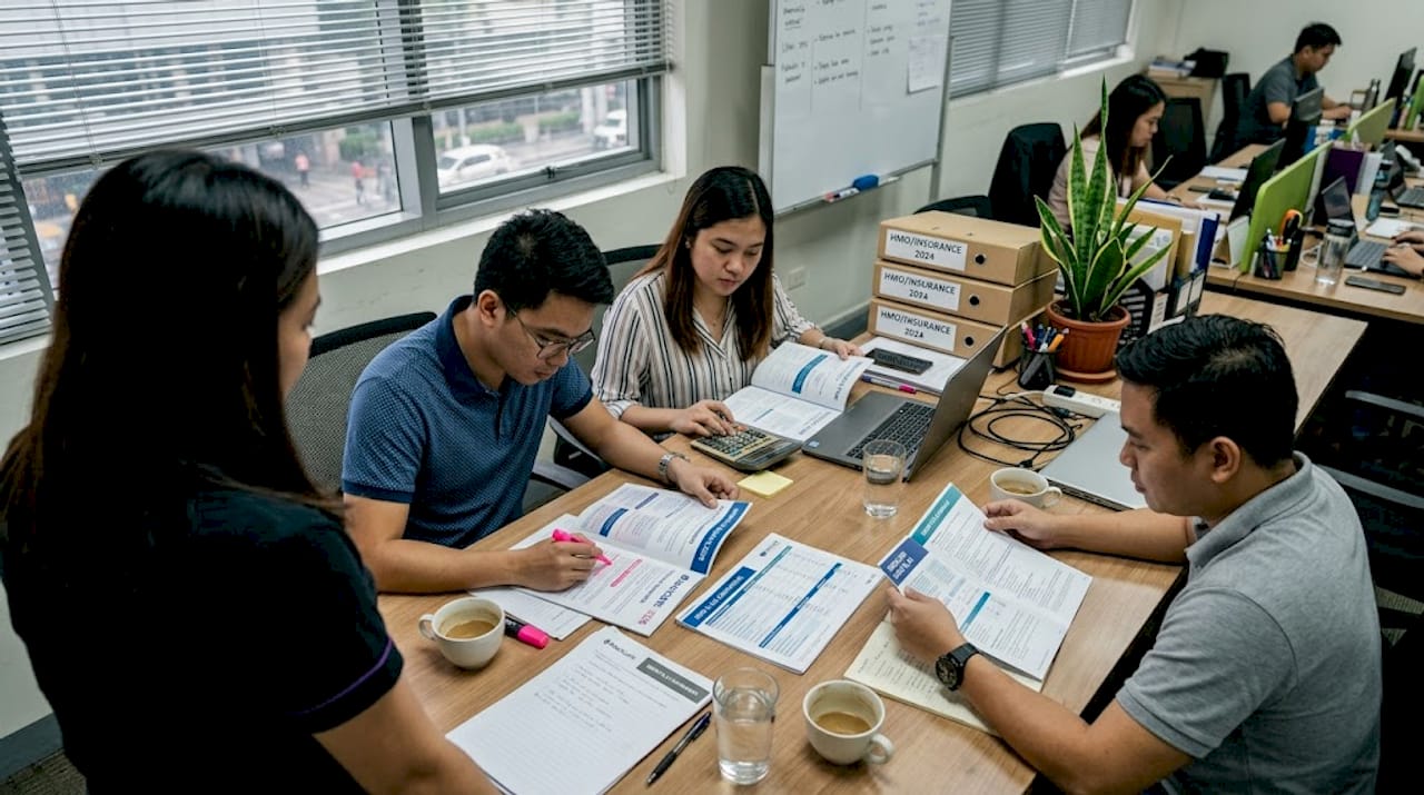 Team comparing health plans at conference table