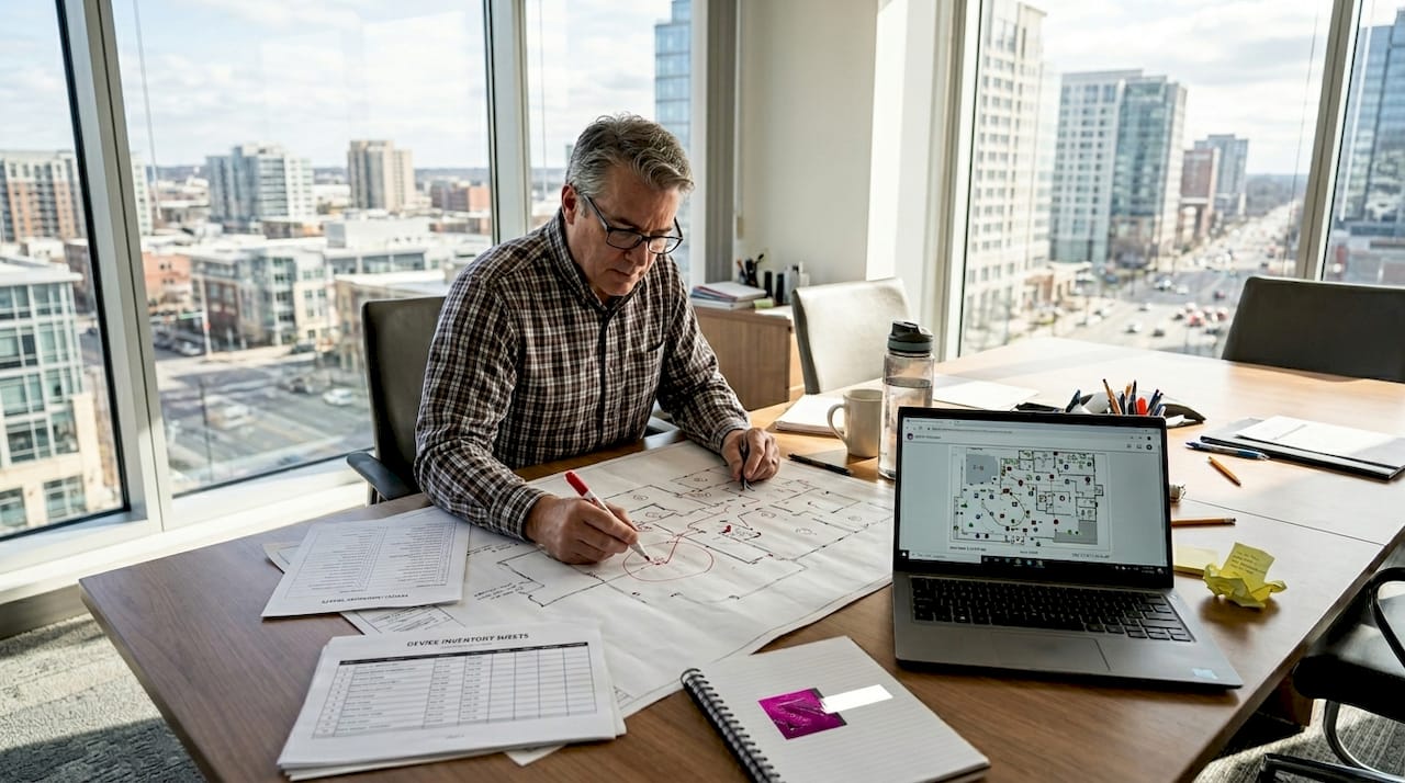 Facilities manager mapping out security integration