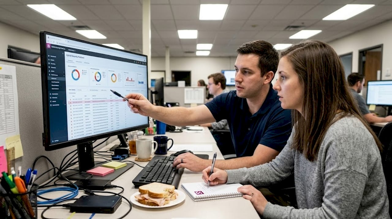 Technicians review hybrid security model dashboard
