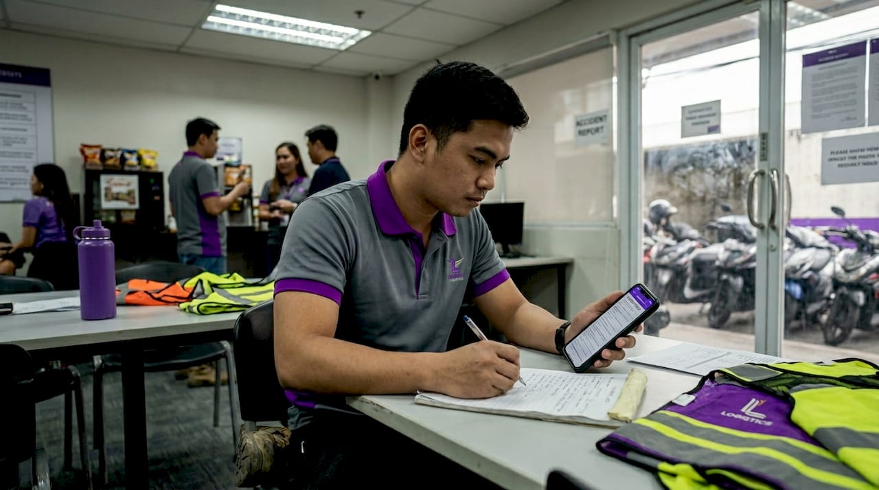 Coordinator checks accident report in busy office