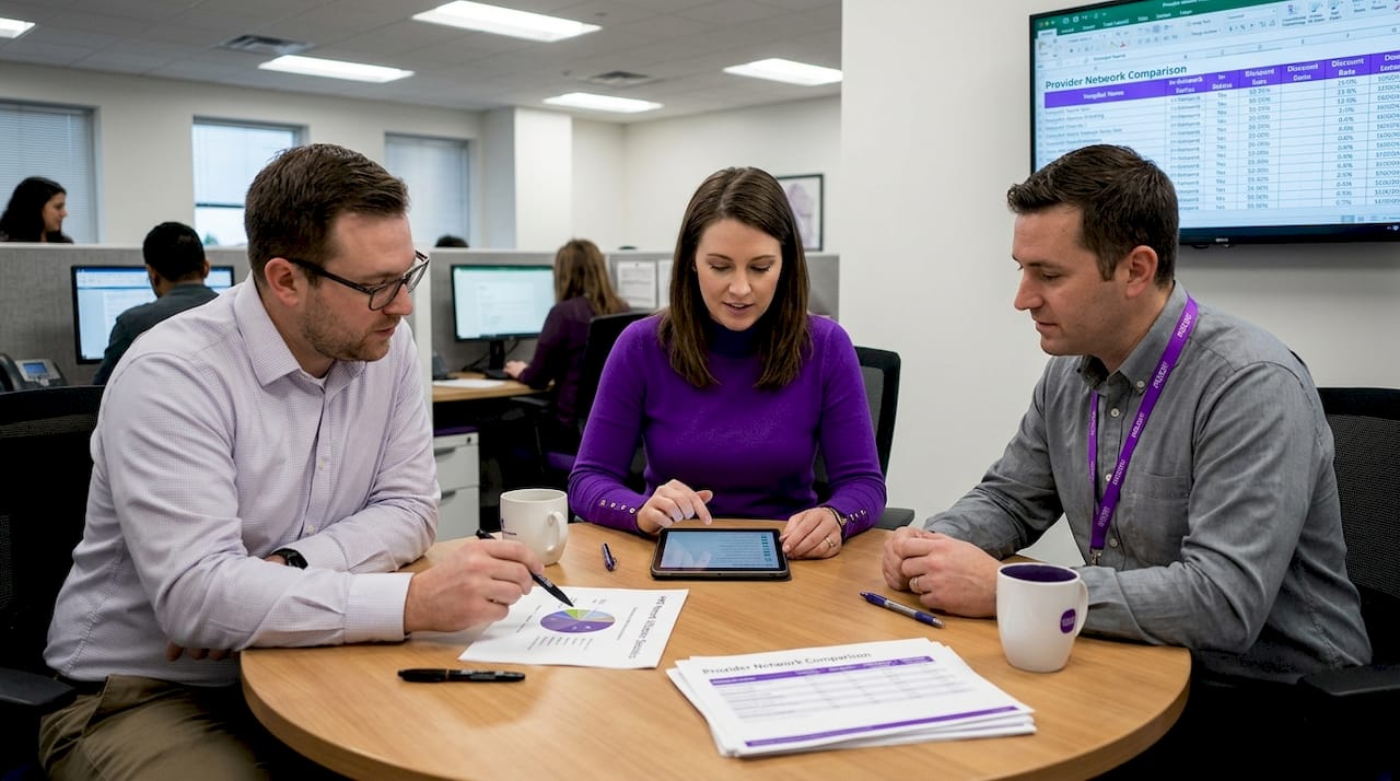 Team discussing HMO provider comparison data