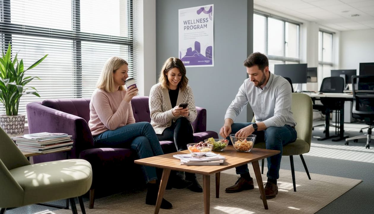 SME employees relax in break area with snacks