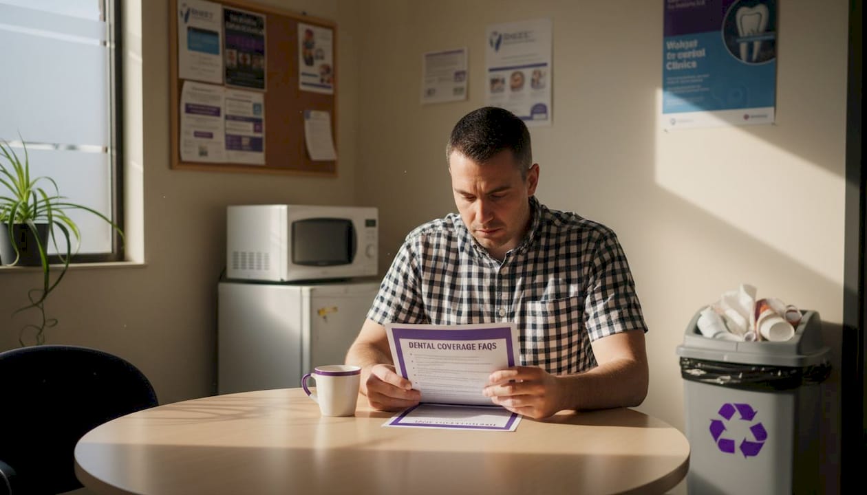 Employee reading dental coverage FAQ in break room