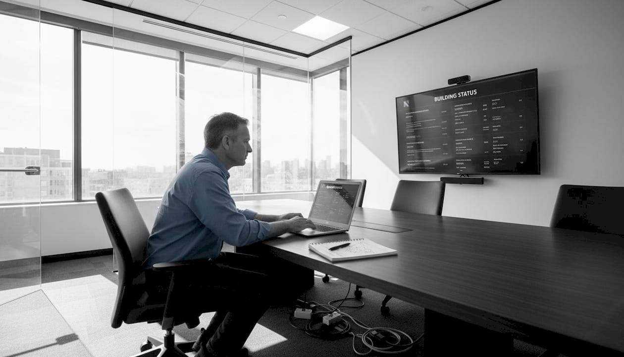 Facility manager reviewing AI dashboard display