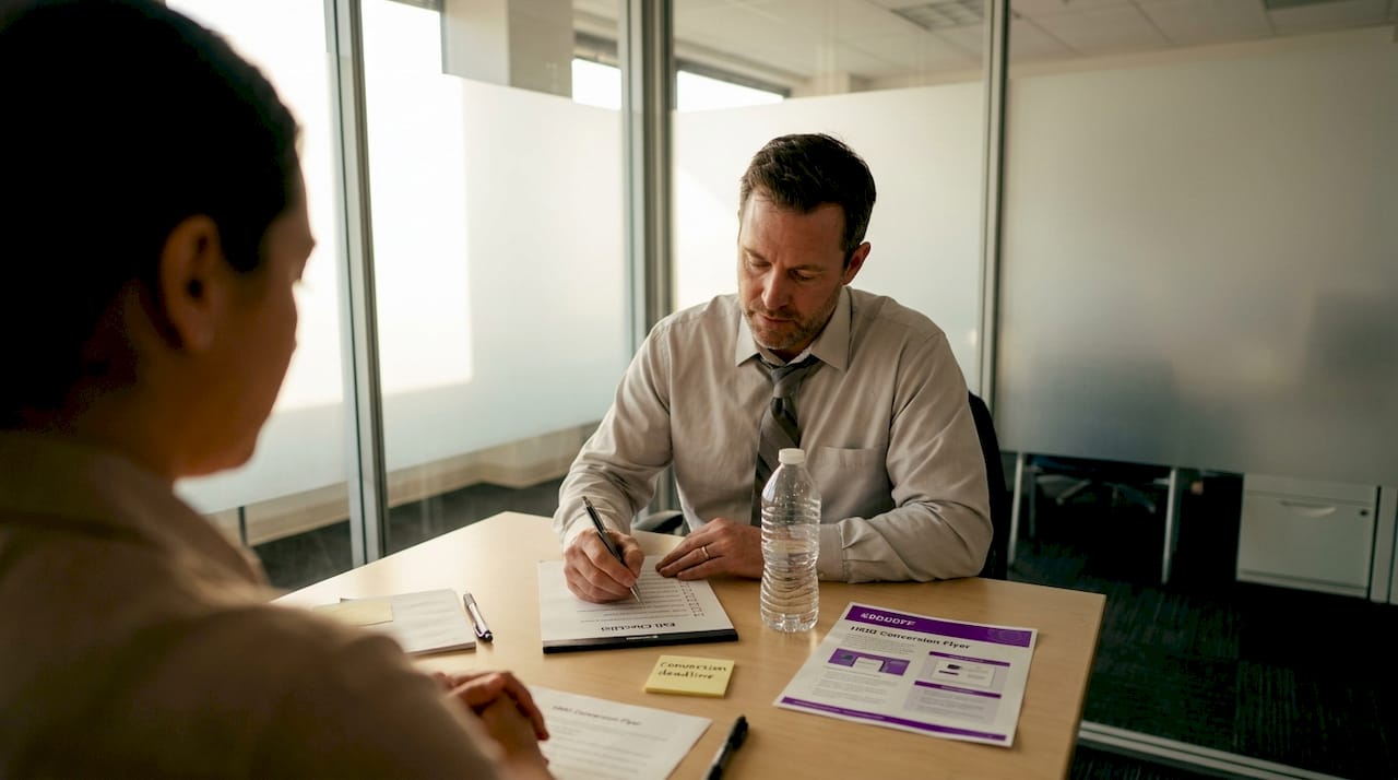 HR manager completes exit interview paperwork