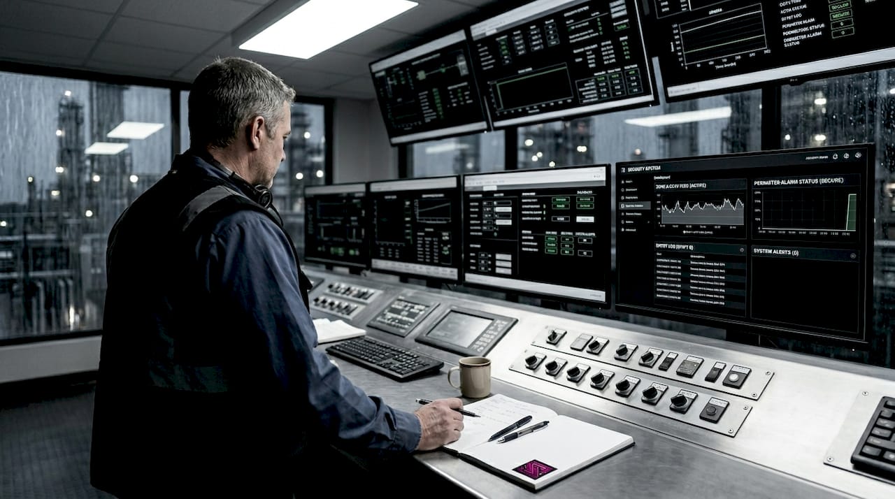 Supervisor monitors industrial security dashboards