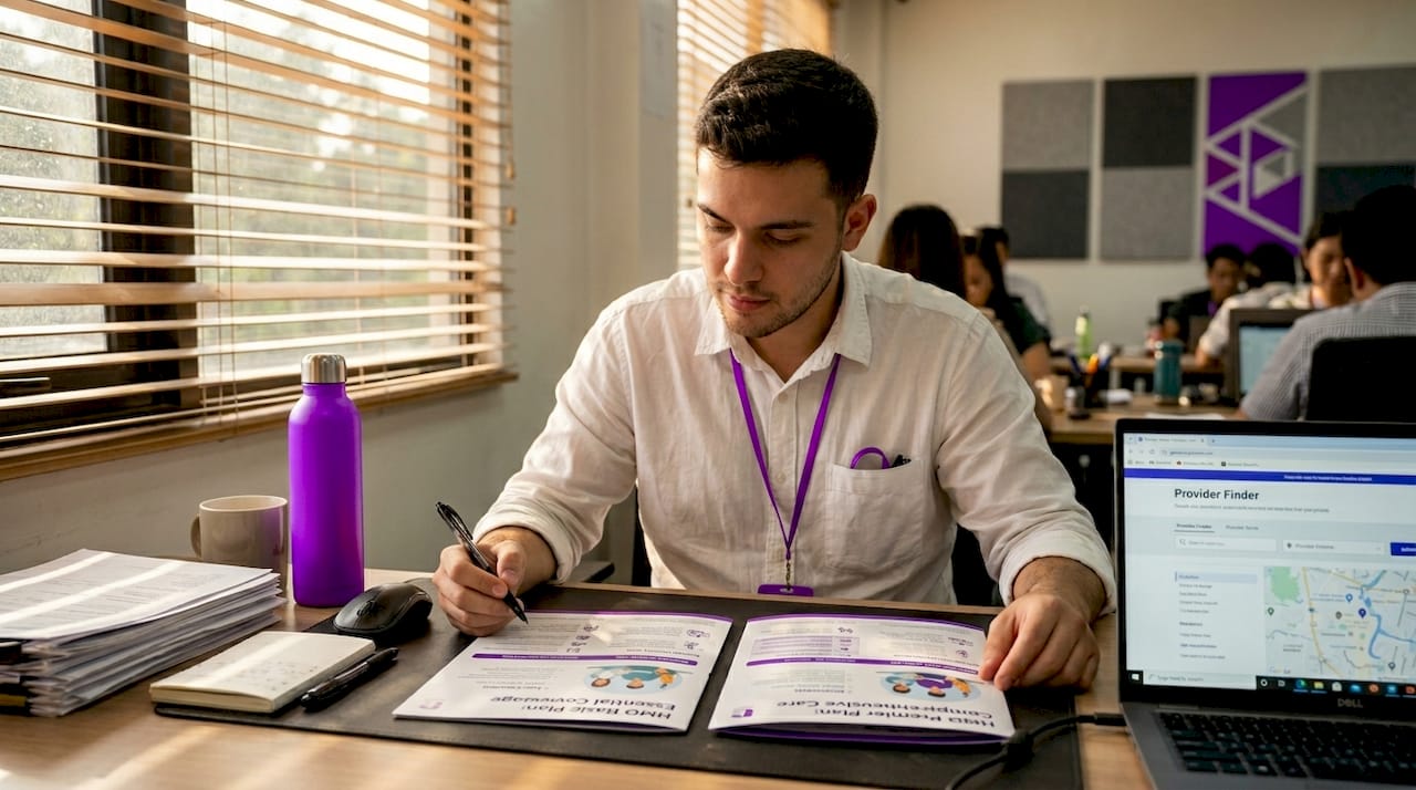 Employee comparing health plans at desk