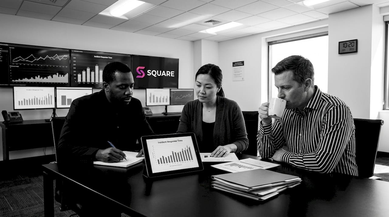 Managers discussing facility security metrics