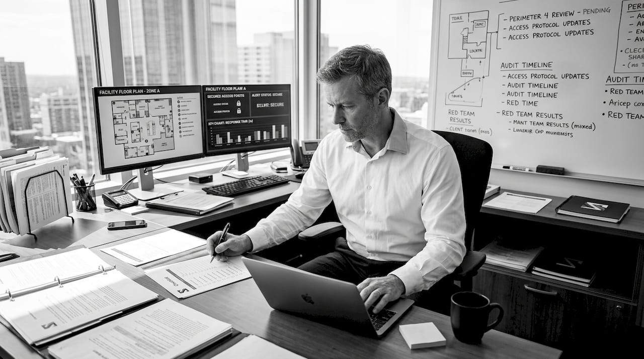 Security analyst reviewing data checklist in office