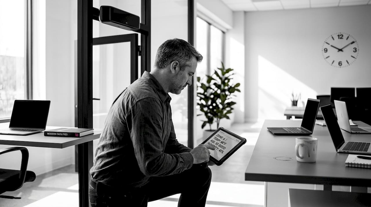 Manager checking IoT sensor in office
