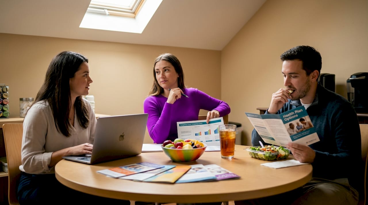 Employees comparing group health insurance brochures