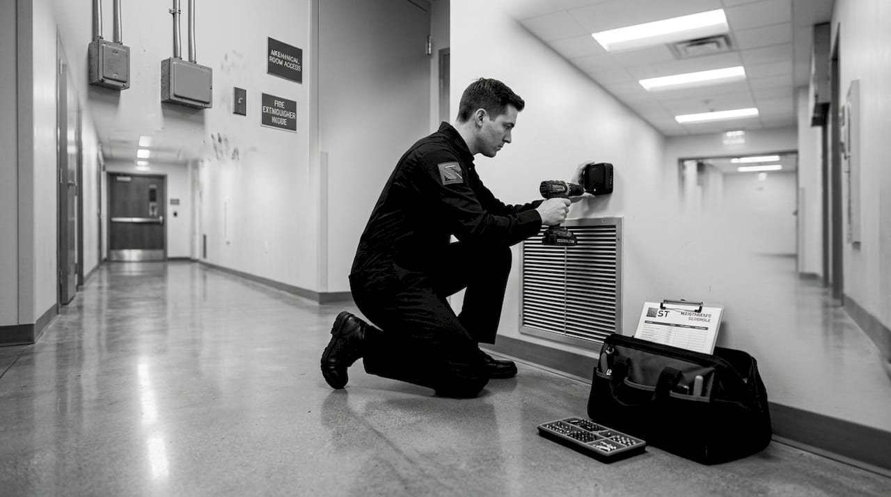 Technician installs IoT sensor in hospital corridor