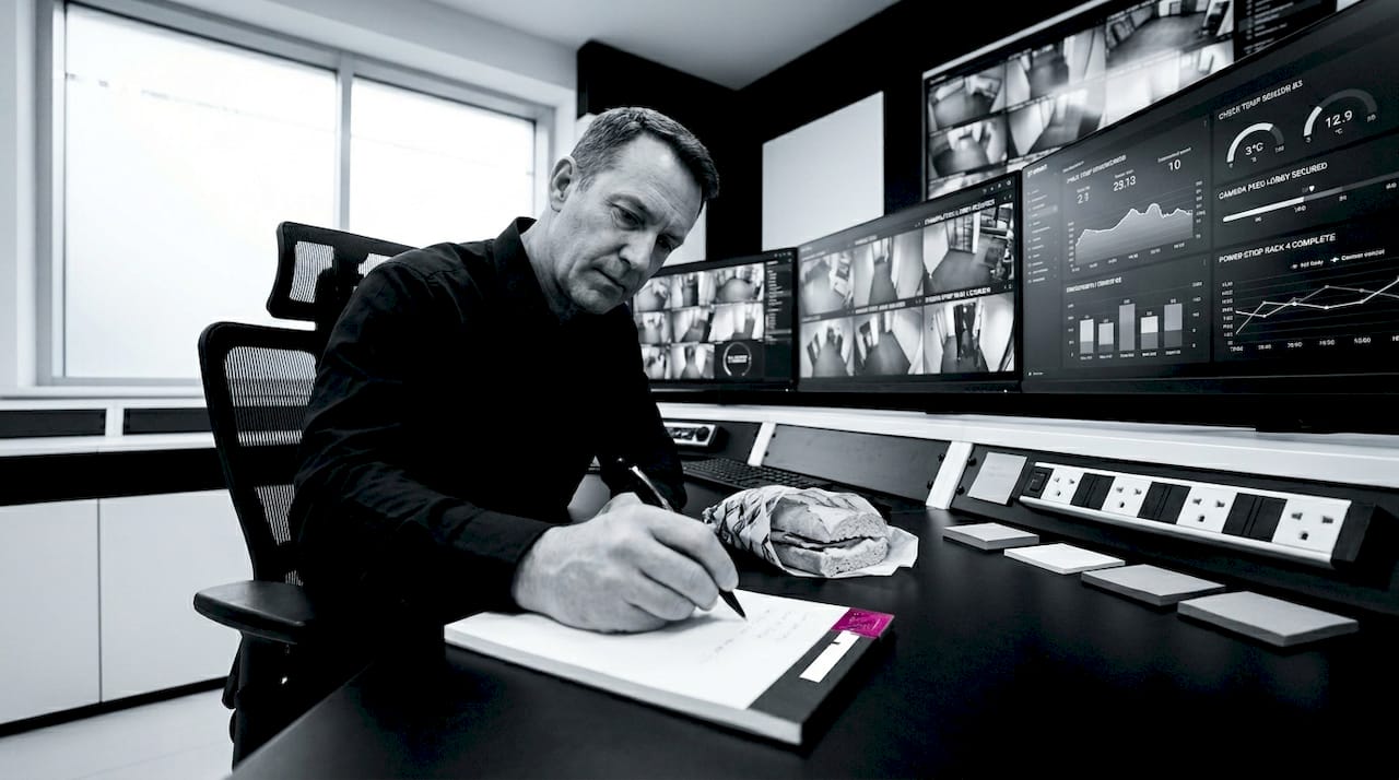 Manager reviews monitors in facility control room