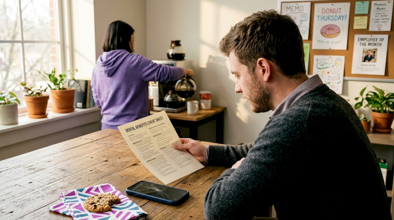 Employee reading dental benefits handout in breakroom