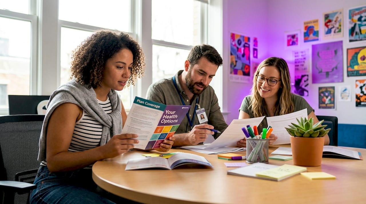 Employees discussing health coverage details in office