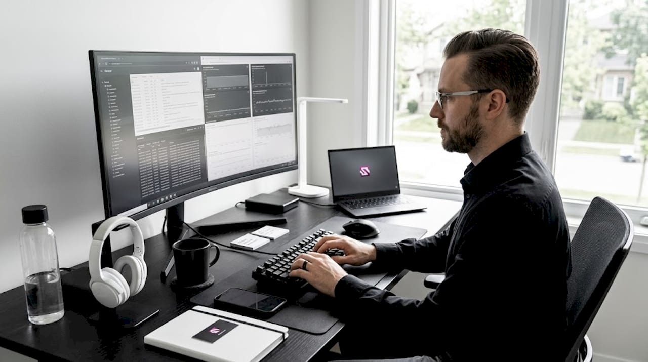IT professional monitoring sensor data workspace