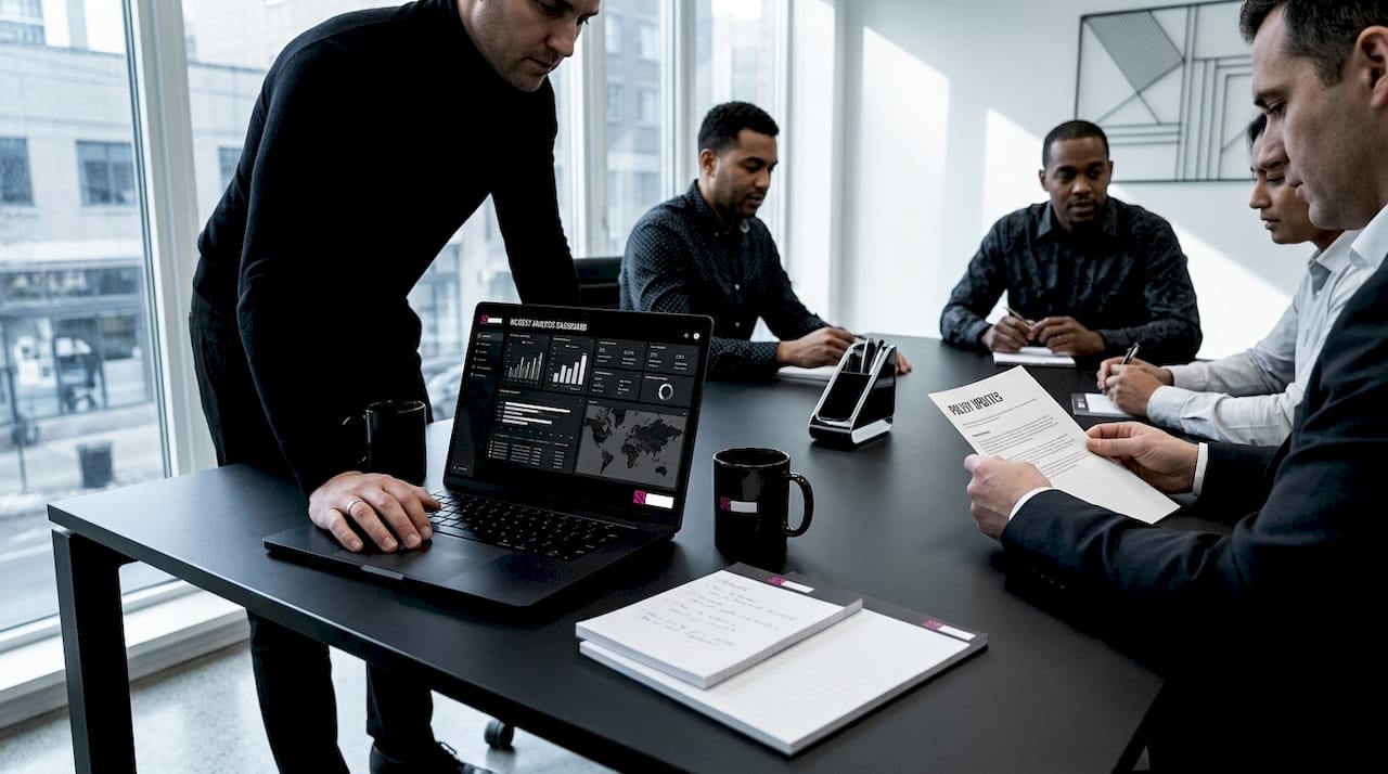 Security team reviewing dashboard in meeting