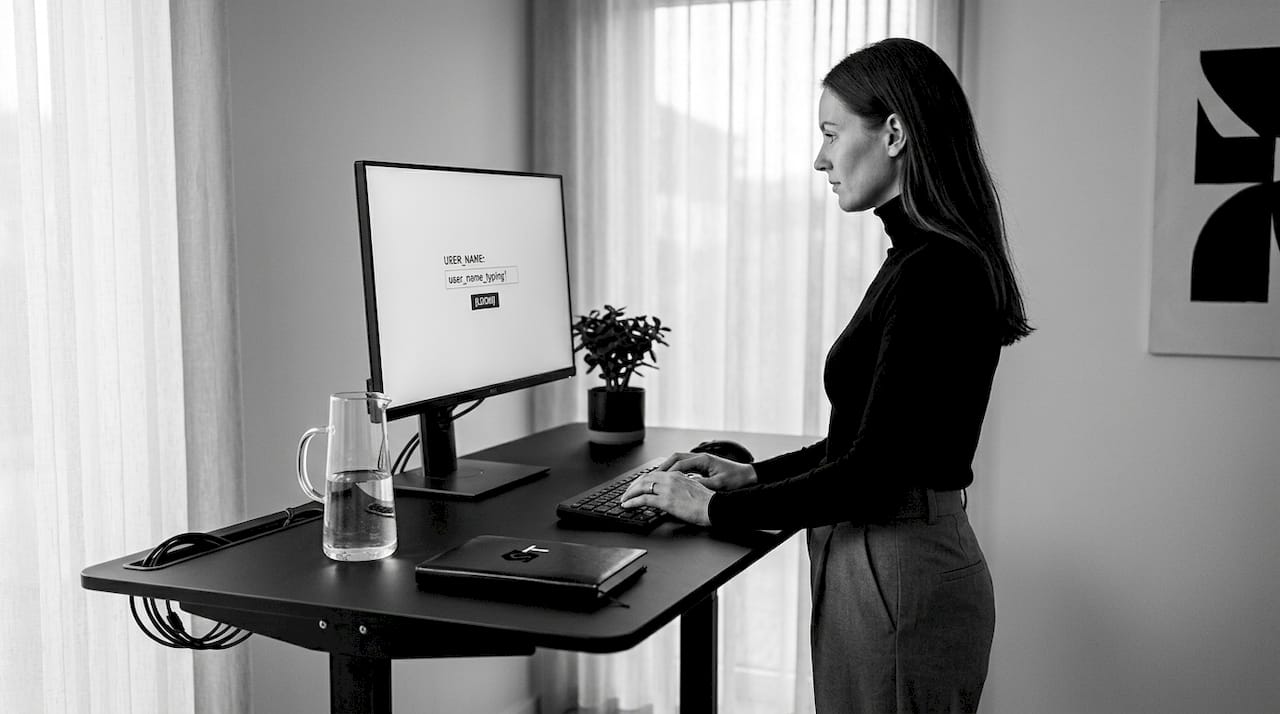 User authenticating at desk in open office