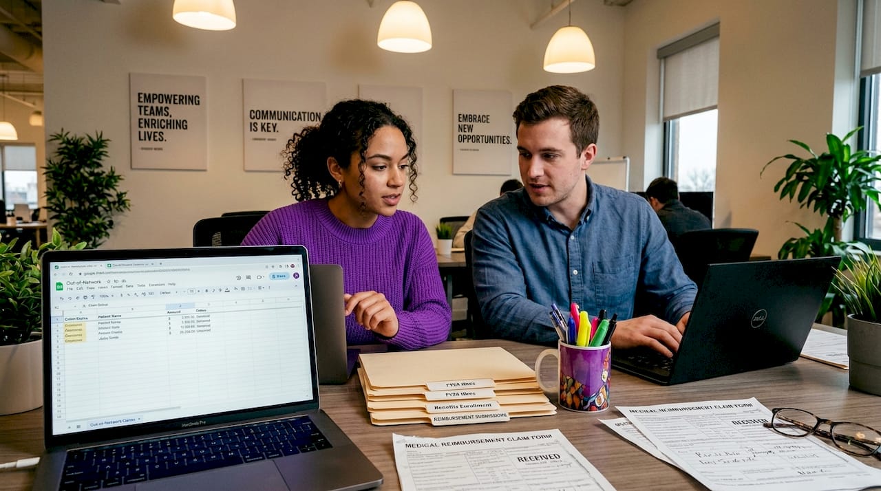 HR staff updating claims spreadsheet together