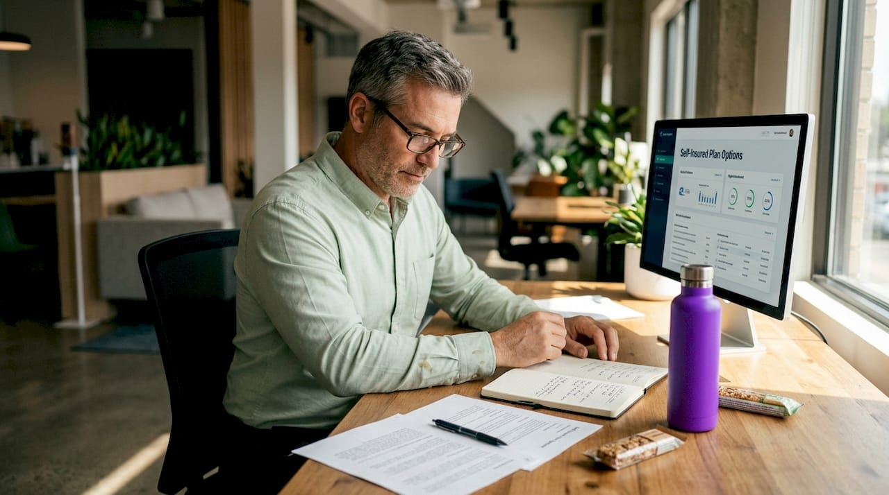HR manager reviewing self-insured plan on computer