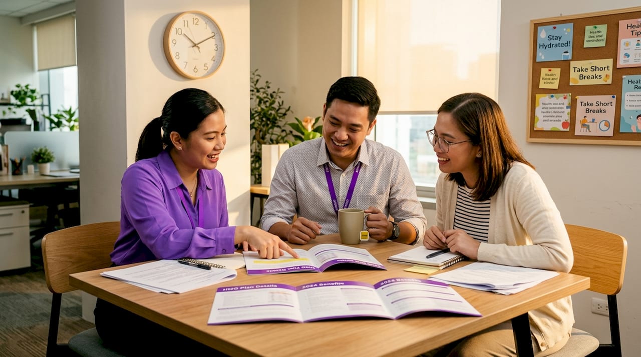 Employees reviewing HMO health plan documents