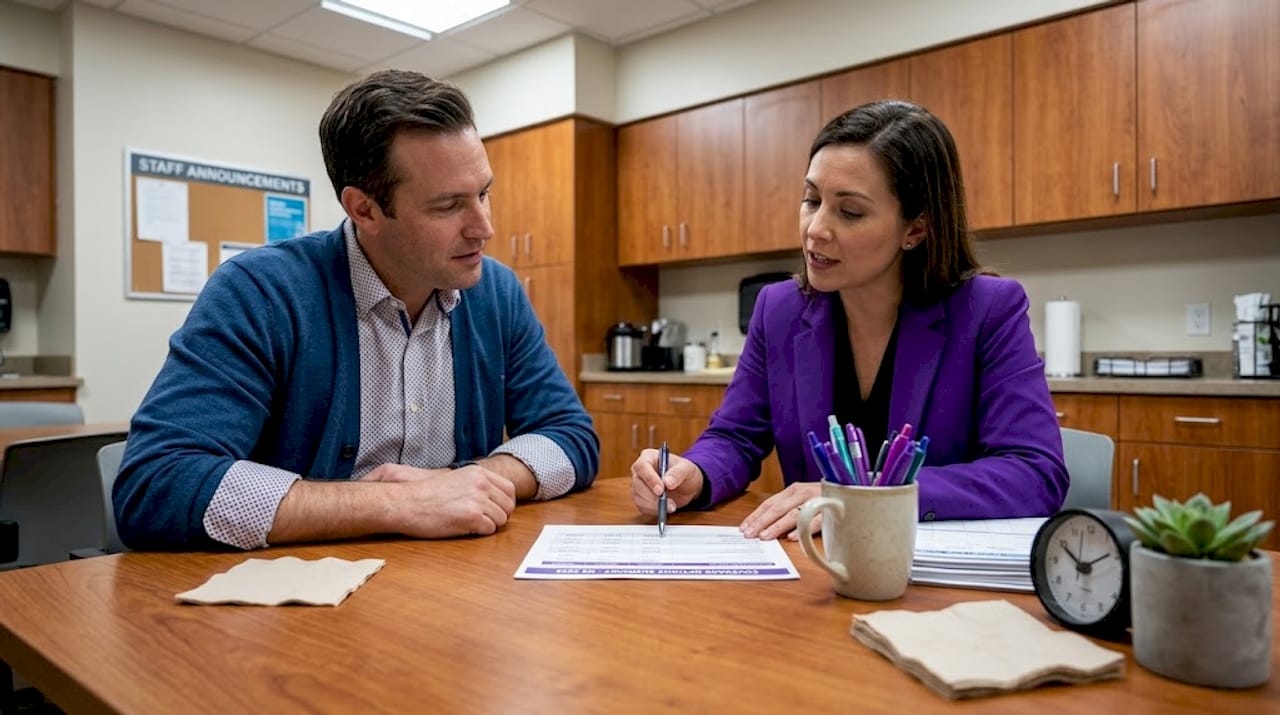Hospital admin and insurance rep reviewing policy details