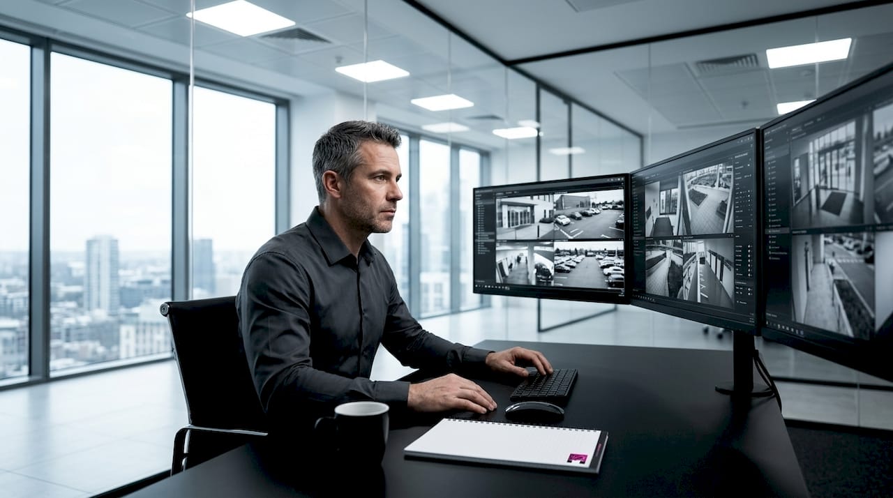 Security analyst reviewing live surveillance footage