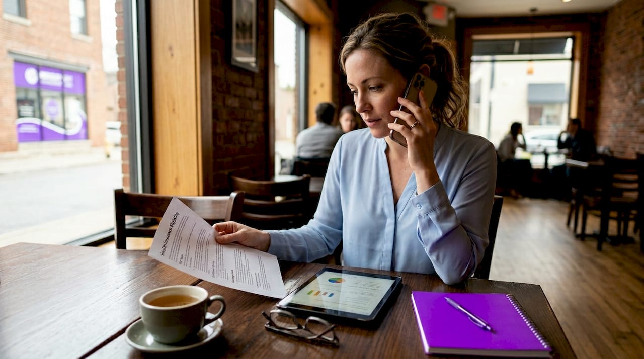 Businesswoman discussing health insurance eligibility papers