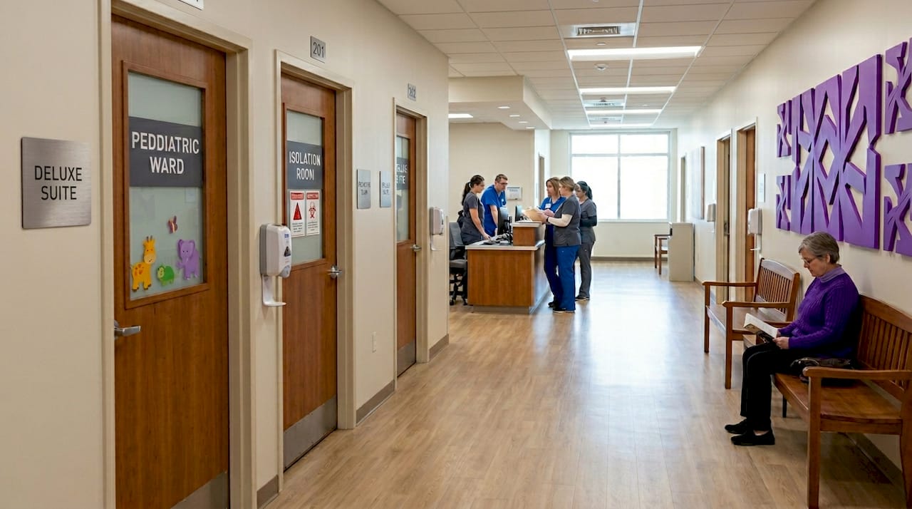Hospital corridor showing different classified rooms