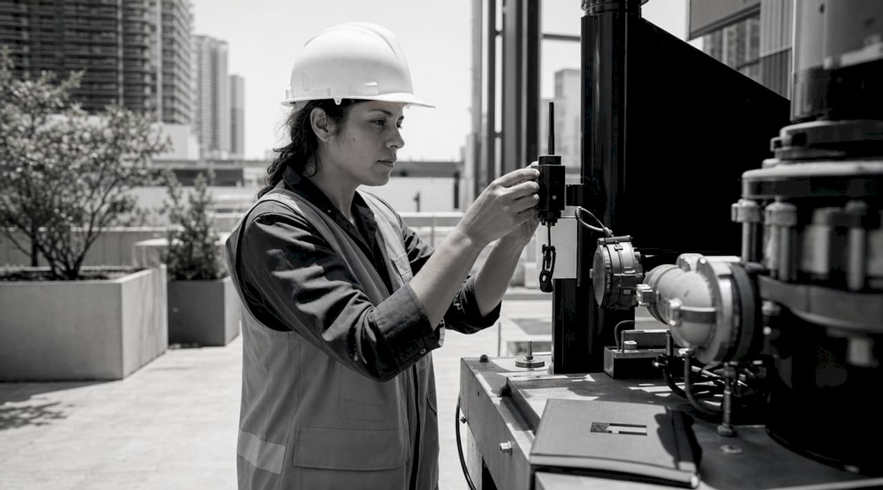 Technician adjusting smart sensor on industrial machine