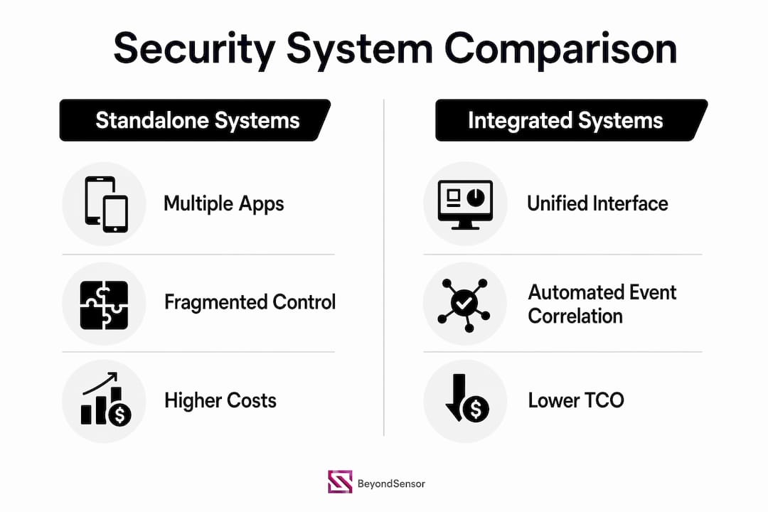Infographic comparing standalone vs integrated security systems