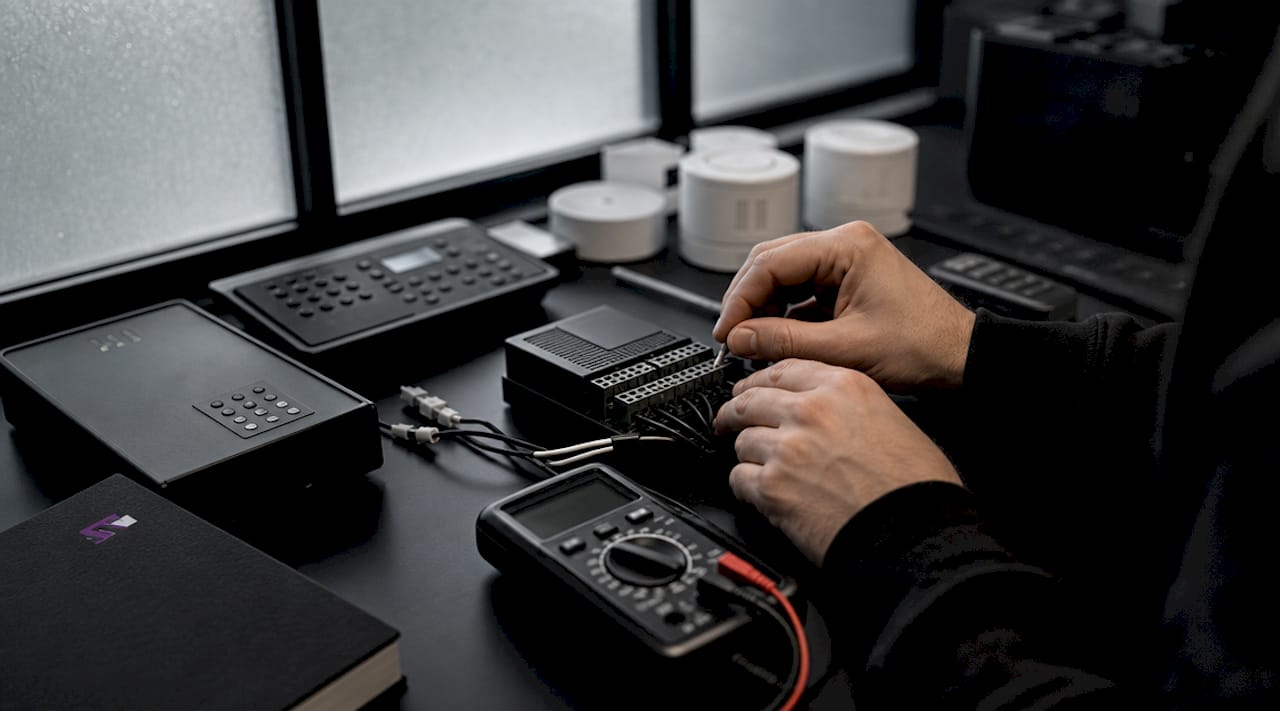 Overhead view of security technician adjusting device