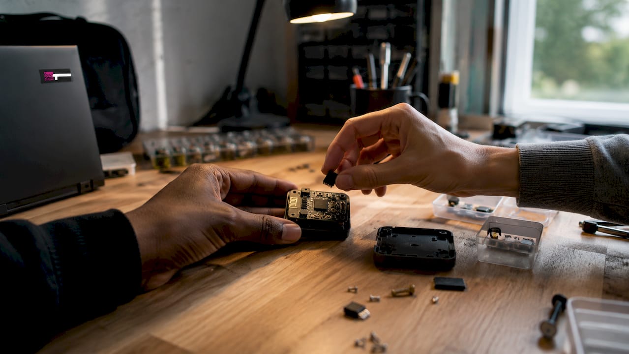 Hands assembling smart sensor electronics