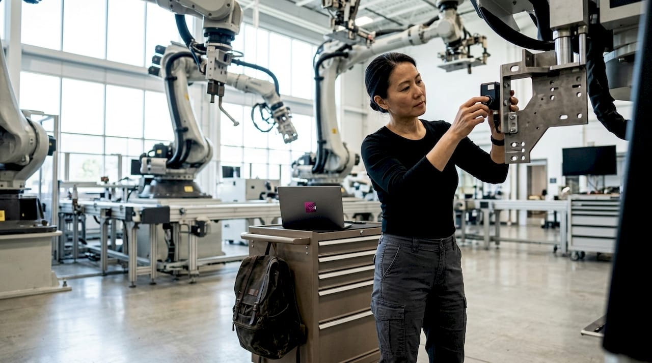 Engineer calibrating smart sensor in factory