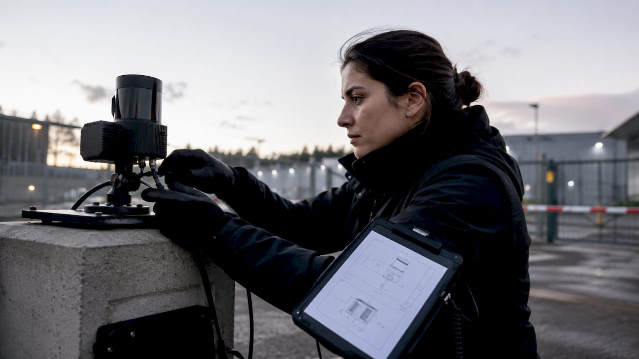 Technician installing edge sensor for facility security